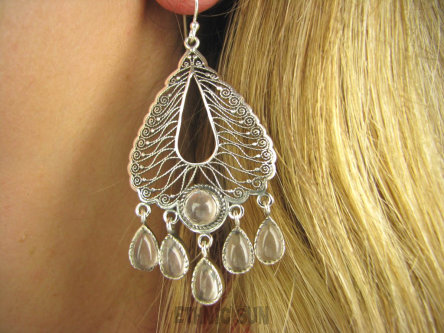 bke914 OLŚNIEWAJĄCO PIĘKNE Orientalne Kusicielki !!! czakra serca Ażurowe Duże Szerokie Długie 7 cm Kolczyki KWARC RÓŻOWY -  kamień mocnego serca Srebro 925