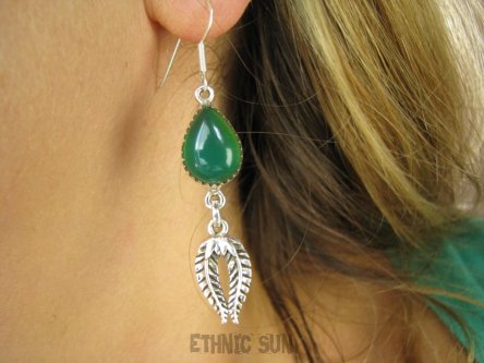 bke1202 Aleeeż śliczne ! Długie 6 cm Egzotyczne Kolczyki Zielony Onyks Indian Nawaho Orle Pióro Srebro 925 