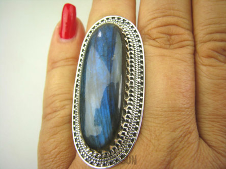 bpe8032 Tajemnicza Piękność DUŻY DŁUGI 4.8 cm Regulowany Pierścień Granatowo Niebieski Labradoryt Spektrolit kamień Zorzy Polarnej r.16, r.17, r.18, r.19, r.20, r.21 Srebro 925 #