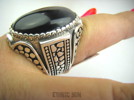 bpe4685 NIEZWYKŁY OKAZ !!! DUŻY 18 gramów !! Pierścień czarny ONYKS regeneruje SERCE, EGZEMY, PAMIĘĆ r.21/ r.22 Srebro 925 #