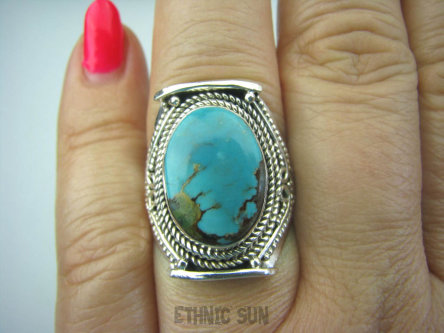 bpe5754 Biżuteria Egzotyczna PIERŚCIEŃ z naturalnym Turkusem Turkus - opiekun ciała i duszy Turkusy r.18/ r.19 Srebro 925 #