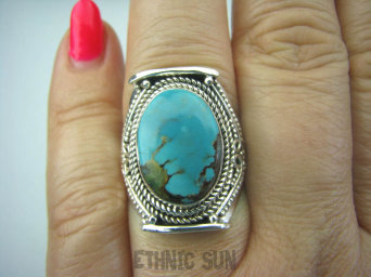 bpe5754 Biżuteria Egzotyczna PIERŚCIEŃ z naturalnym Turkusem Turkus - opiekun ciała i duszy Turkusy r.18/ r.19 Srebro 925 #