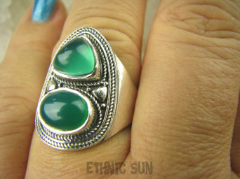 bpe6528 Biżuteria Orientalna - Delikatny OKAZ Pierścień Zielony Onyks - regeneruje SERCE, EGZEMY, PAMIĘĆ r.17 Srebro 925 #