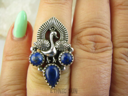 bpe9075 Orientalny Pierścień Pierscionek Królewski Paw oraz Lapis Lazuli - strażnik prawdy i mądrości r.13 Srebro 925 #