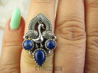 bpe9075 Orientalny Pierścień Pierscionek Królewski Paw oraz Lapis Lazuli - strażnik prawdy i mądrości r.13 Srebro 925 #