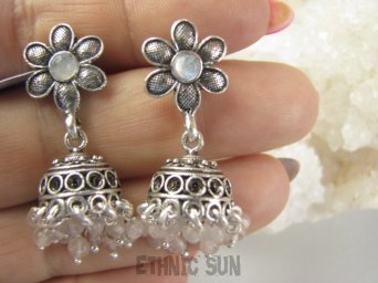 bke1250 Unikatowe wzory ORIENTALNE Przepiękne Kolczyki na sztyft Kamień Księżycowy Kwarc Różowy Srebro 925