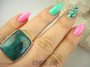 bpe8875 CUD NATURY Klasyczny Okaz Pierścień Pierścionek naturalna CHRYZOKOLA I AZURYT r.17/r.18 Srebro 925 #