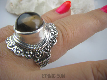 bpe4654 Śliczny Wysoki Pierścień KWARC DYMNY KAMIEŃ ANTYSTRESOWY I USPOKAJAJĄCY r.19/ r.20 Srebro 925 #