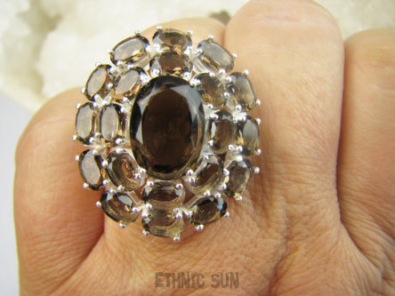 bpee4589 Lśniący Duży Okaz Pierścień Pierścionek szlifowany czekoladowy Kwarc Dymny r.17 Srebro 925 #
