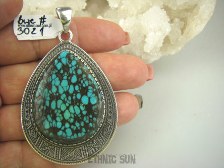 bwe3021 Morska kropla Duża 7 cm !!! 20 g UNIKAT Piękny Egzotyczny Wisior naturalny TURKUS Turkusy Srebro 925 #