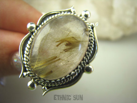 bpe8130 FINEZYJNY Pierścień KWARC z RUTYLEM ZŁOTE włosy WENUS w zachwycającej oprawie r.17 SREBRO 925 #