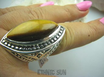 bpe5280 KOLOS DUŻY Pierścień Tygrysie Oko Wspomaga Oczy Astma Krążenie i TRAWIENIE r.21 Srebro 925 #