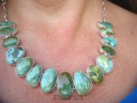 bn1425 Wielobarwna ZIELONO -MIĘTOWO-TURKUSOWA KOLIA Z BRAZOWYMI ZYŁKAMI Duża 57G Kolia z Naturalnymi Turkusami - 15 sztuk !!! Naszyjnik Turkus  Turkusy Srebro 925 #