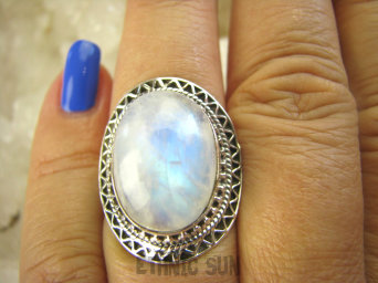 bpe6950 Cudowny Pierścień Wielokolorowy błękitno biały  KAMIEŃ KSIĘŻYCOWY r.15 Srebro 925 #