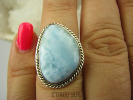 bpe6427 Anielski Pierścień Rzadki Błękitny Larimar (kamień Anielski ) - stawy, serce lęki, otwiera czakrę gardła r.13/ r.14 Srebro 925 #