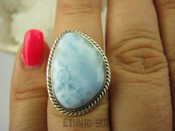 bpe6427 Anielski Pierścień Rzadki Błękitny Larimar (kamień Anielski ) - stawy, serce lęki, otwiera czakrę gardła r.13/ r.14 Srebro 925 #