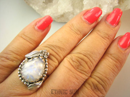 bpe9137 Czarodziejsko Piękny Orientalny Pierścień Pierścionek Kamień Księżycowy r.19 Srebro 925 #