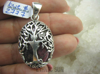 bwe2777 Cudowne pękate DRZEWO ŻYCIA grubasek aż 20 G ! Symbol nieśmiertelności !!!! PRZEPIĘKNY DWUSTRONNY ORIENTALNY Wisior Różowy RODONIT - Niepokój, stres, bóle głowy, skurcze Srebro 925 #