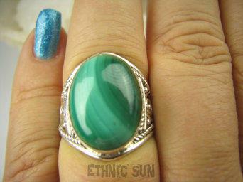 bpe6538 Biżuteria Egzotyczna !!! Delikatny Pierścień MALACHIT - pobudza kreatywność r.16 ażurowa obrączka Srebro 925 #