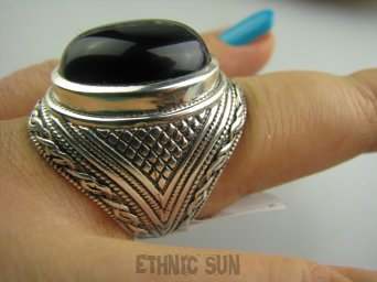 bpe4132 Niezwykły OKAZ Masywny Pierścień naturalny CZARNY ONYKS SERCE, EGZEMY,PAMIĘĆ r.16 Srebro 925 #