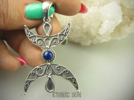 bwe3548 Półksiężyc symbol Kobiecości !!! Niesamowity Długi 5.8 cm Wisior Zawieszka Lapis Lazuli straznik prawdy i mądrości SREBRO 925 #