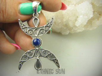 bwe3548 Półksiężyc symbol Kobiecości !!! Niesamowity Długi 5.8 cm Wisior Zawieszka Lapis Lazuli straznik prawdy i mądrości SREBRO 925 #