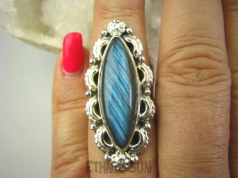 bpe7154 Pierścień w pięknej oprawie niebieski w paseczki Labradoryt  Spektrolit - kamień Zorzy Polarnej r.15 Srebro 925 #
