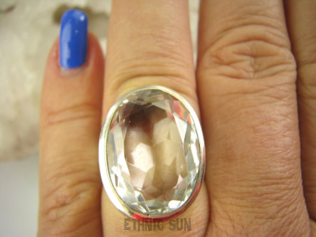 bpee3730 WSPANIAŁY Odpromiennik zdobi leczy chroni Lśniący Pierścień naturalny Kryształ Górski w klasycznej oprawie r.16 Srebro 925 #