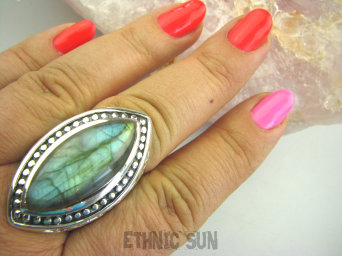 bpe4540 Masywny GIGANT 23 GRAMY !!  Niezwykły OKAZ Pierścień Labradoryt Spektrolit kamień Zorzy Polarnej r.21/ r.22 Srebro 925 #