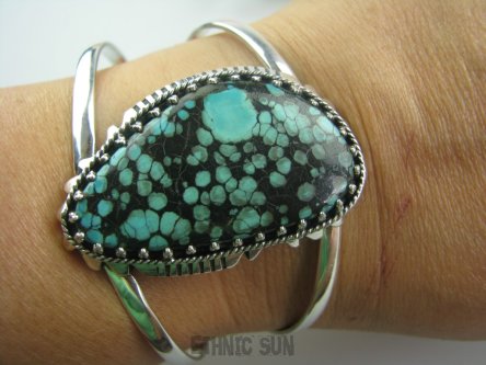 bb2023 Zjawiskowo piękna GIGANT XXXL!!! Ogromna 38 gramów Otwarta Bangla BRANSOLETA z OGROMNYM Turkusem co za OKAZ Turkus Turkusy Srebro 925 #