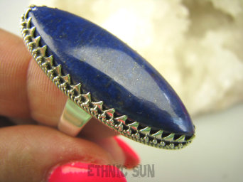 bpe7815 EGZOTYCZNA DAMA !!! Orientalny Długi 4,2 cm Pierścień z królewskim Lapis Lazuli strażnik prawdy i mądrości r.18/ r.19 Srebro 925 #