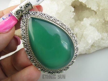 bwe3715 Niesamowity OKAZ 28 g !!! Duży Wisior Zawieszka ZIELONY ONYKS - regeneruje SERCE, EGZEMY, PAMIĘĆ Srebro 925 #