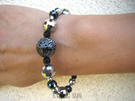 bb705 Elegancka Błyszcząca Bransoleta Agat Antyczny Onyks Hematyt Kryształki Srebro 925