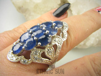 bpee4289 Długi Lśniący Pierścień Pierścionek naturalny Kianit (Kyanit) oraz Cyrkonie r.15 SREBRO RODOWANE 925 #