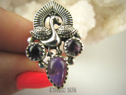 bpe9094 Orientalny Pierścień Pierscionek Królewski Paw oraz Ametyst - kamień mądrości r.13/ r.14 Srebro 925 #