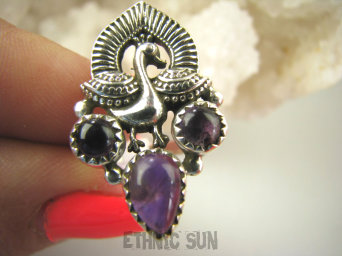 bpe9094 Orientalny Pierścień Pierscionek Królewski Paw oraz Ametyst - kamień mądrości r.13/ r.14 Srebro 925 #