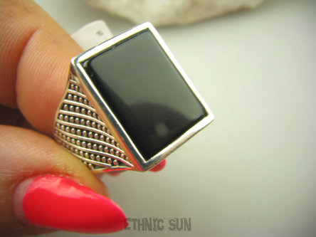 bpe8813 DUŻY Sygnet MĘSKI lub damski Pierścień Pierścionek Czarny Onyks regeneruje SERCE, EGZEMY,PAMIĘĆ r.27 Srebro 925 #