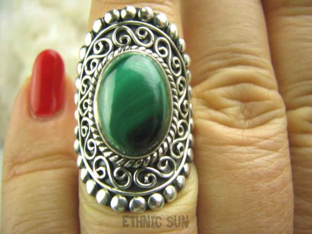 bpe4053 Przepiękny DUŻY PIERŚCIEŃ z zielonym Malachitem Malachit - pobudza kreatywność r.14 zdobione Srebro 925 #