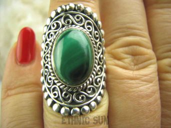 bpe4053 Przepiękny DUŻY PIERŚCIEŃ z zielonym Malachitem Malachit - pobudza kreatywność r.14 zdobione Srebro 925 #