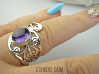 bpe9338 Niezwykły Artysta Ażurowy Regulowany Pierścień Pierścionek naturalny Fioletowy Ametyst r.16, r.17, r.18 szeroka obrączka Srebro 925