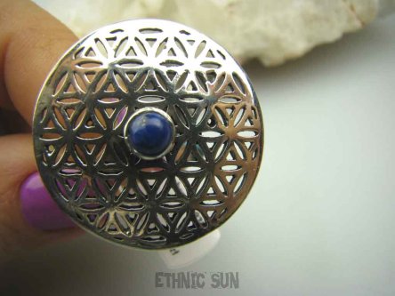 bpe4118 Obracający się KWIAT ŻYCIA - SILNY AMULET OCHRONNY !!!! Ażurowy Pierścień Lapis Lazuli  r.16 SREBRO 925 #