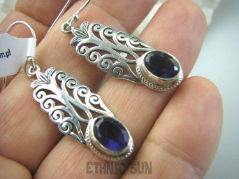 bkee886 LIŚĆ PAPROCI !!!! Długie 4.4 cm i LEKKIE Ażurowe Kolczyki Fioletowy Ametyst - kamień mądrości Srebro 925