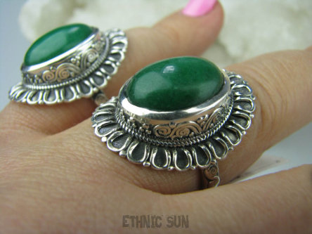 bpe5693 Jadeitowy MELONIK !!! Duży i Piękny OKAZ Pierścień zielony Jadeit - antystresowy KAMIEŃ DOBROBYTU r.21/ r.22 Srebro 925 #