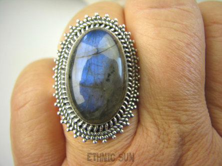 bpe7020 Piękny Orientalny Pierścień Szary Granatowy Labradoryt Spektrolit - kamień Zorzy Polarnej r.17 Srebro 925 #