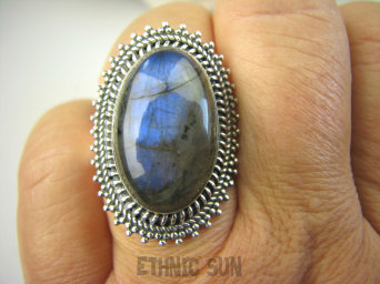 bpe7020 Piękny Orientalny Pierścień Szary Granatowy Labradoryt Spektrolit - kamień Zorzy Polarnej r.17 Srebro 925 #