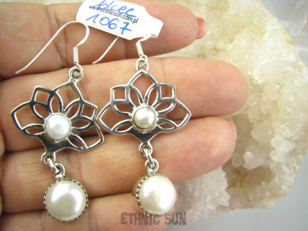 bkee1067 Długie 5,6cm lekkie  cudowne ażurowe kolczyki Kwiat Lotosu - talizman wiecznej młodości !!! Tak piękne ! Kolczyki Perła, PERŁY HODOWLANE  SREBRO 925