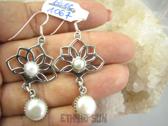 bkee1067 Długie 5,6cm lekkie  cudowne ażurowe kolczyki Kwiat Lotosu - talizman wiecznej młodości !!! Tak piękne ! Kolczyki Perła, PERŁY HODOWLANE  SREBRO 925