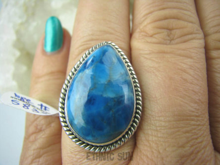 bpe5833 DOSŁOWNIE BOSKI  Pierścień CUDNY naturalny niebieski błękitny Morski AZURYT r.19 Srebro 925 #