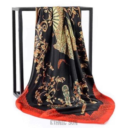 SZ65 EGZOTYCZNE WACHLARZE czarno-czerwone  !!wachlarz! Szalenie elegancka duża 90 cm x 86 cm bajecznie piękna chusta orientalny Szal Czarna 