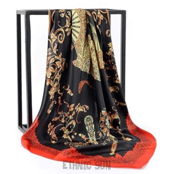 SZ65 EGZOTYCZNE WACHLARZE czarno-czerwone  !!wachlarz! Szalenie elegancka duża 90 cm x 86 cm bajecznie piękna chusta orientalny Szal Czarna 